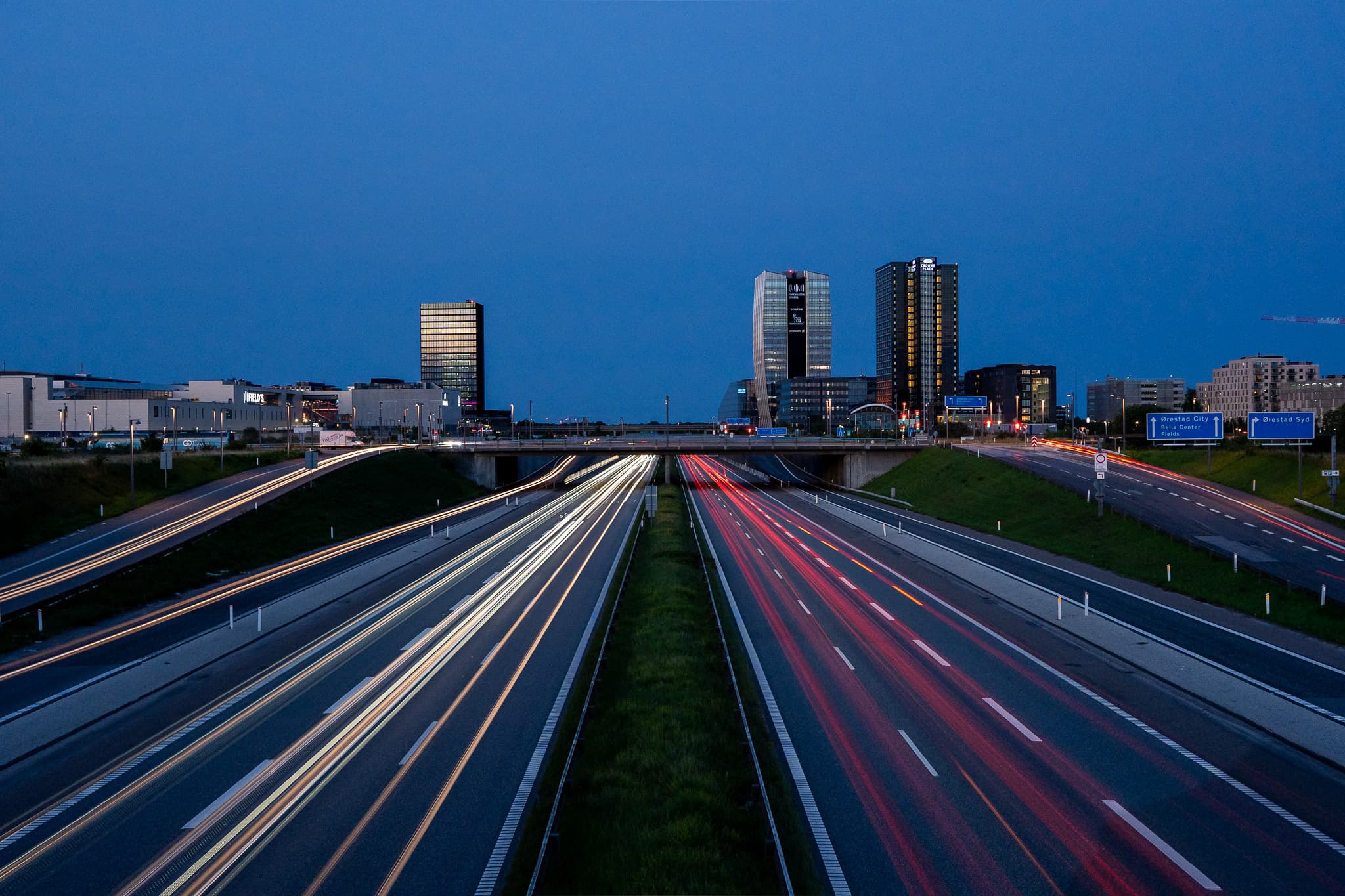 The E20 motorway at blue hour in Ørestad, Copenhagen